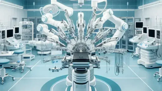 "Cirugía robótica Da Vinci en acción en un entorno hospitalario, ilustrando el uso de tecnología avanzada en procedimientos quirúrgicos en hospitales públicos y privados según su distribución regional."