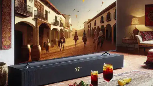 "Samsung 77-inch QD-OLED TV showcased in Spain, highlighting advanced display technology and sleek design for an immersive viewing experience."