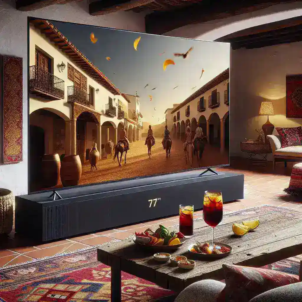 "Samsung 77-inch QD-OLED TV showcased in Spain, highlighting advanced display technology and sleek design for an immersive viewing experience."