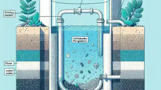 "Imagen de un sistema de filtración de microplásticos utilizando materiales locales, mostrando su aplicación en el tratamiento de agua potable para reducir la contaminación."