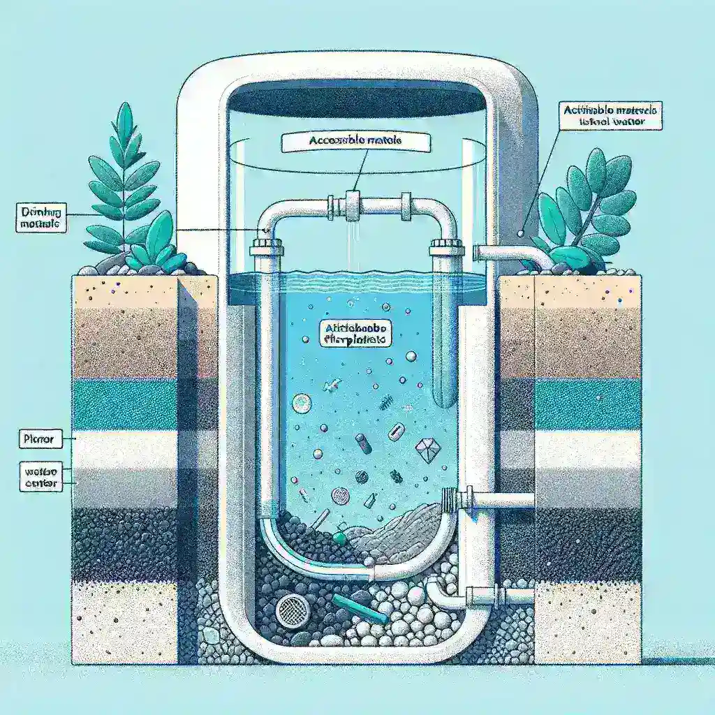 "Imagen de un sistema de filtración de microplásticos utilizando materiales locales, mostrando su aplicación en el tratamiento de agua potable para reducir la contaminación."