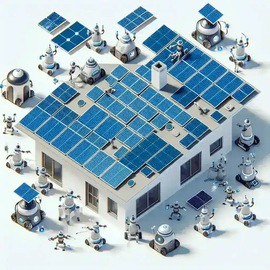 "Robots de limpieza de paneles solares en acción en una instalación doméstica, optimizando la eficiencia energética al mantener los paneles libres de suciedad y escombros."