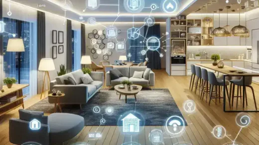 "Ejemplo de sistema de iluminación inteligente en un hogar moderno, mostrando bombillas LED conectadas, controladas a través de un dispositivo móvil, ilustrando la automatización del hogar."