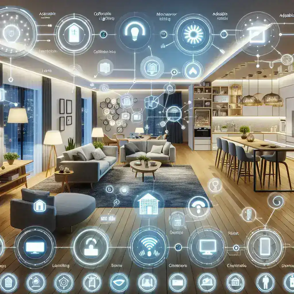 "Ejemplo de sistema de iluminación inteligente en un hogar moderno, mostrando bombillas LED conectadas, controladas a través de un dispositivo móvil, ilustrando la automatización del hogar."